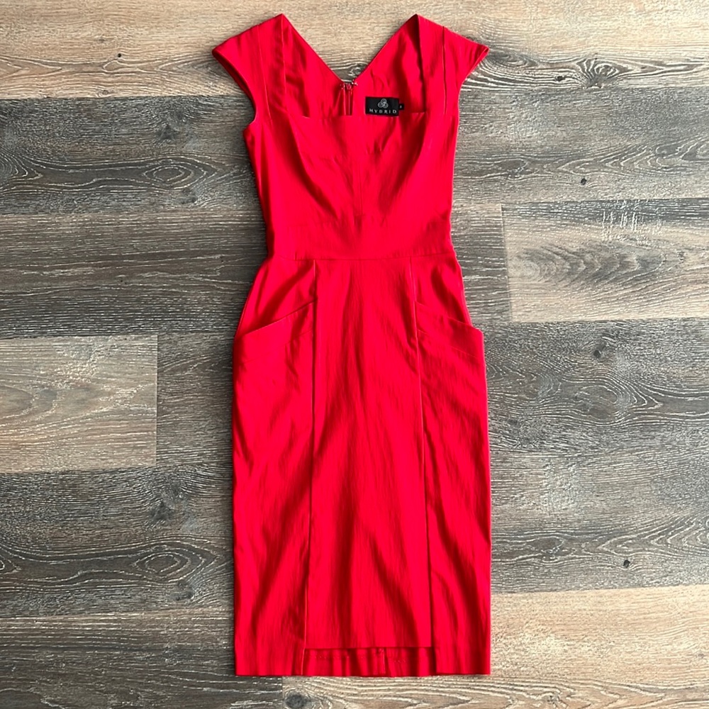 ASOS Hybrid red midi bodycon dress with pockets, size 4